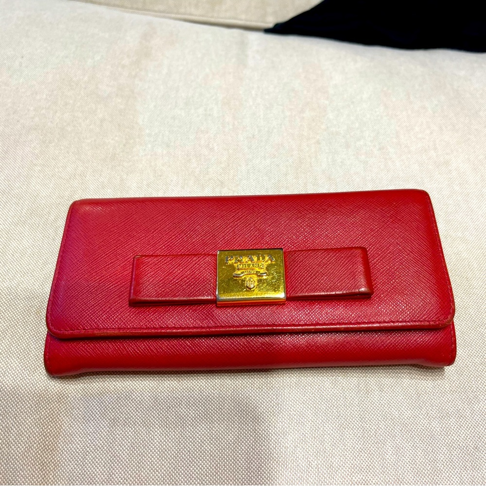 Authentic Prada Saffiano Bow Red Leather Wallet